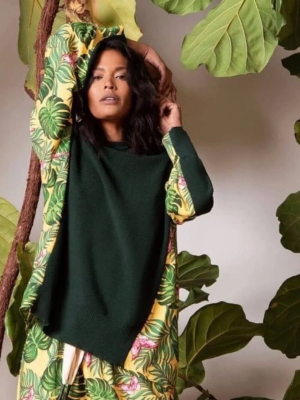 NWT Sandrine Rose Tropical Mixed Media Wool Sweater Forest Tropical Resort M - Picture 2 of 9